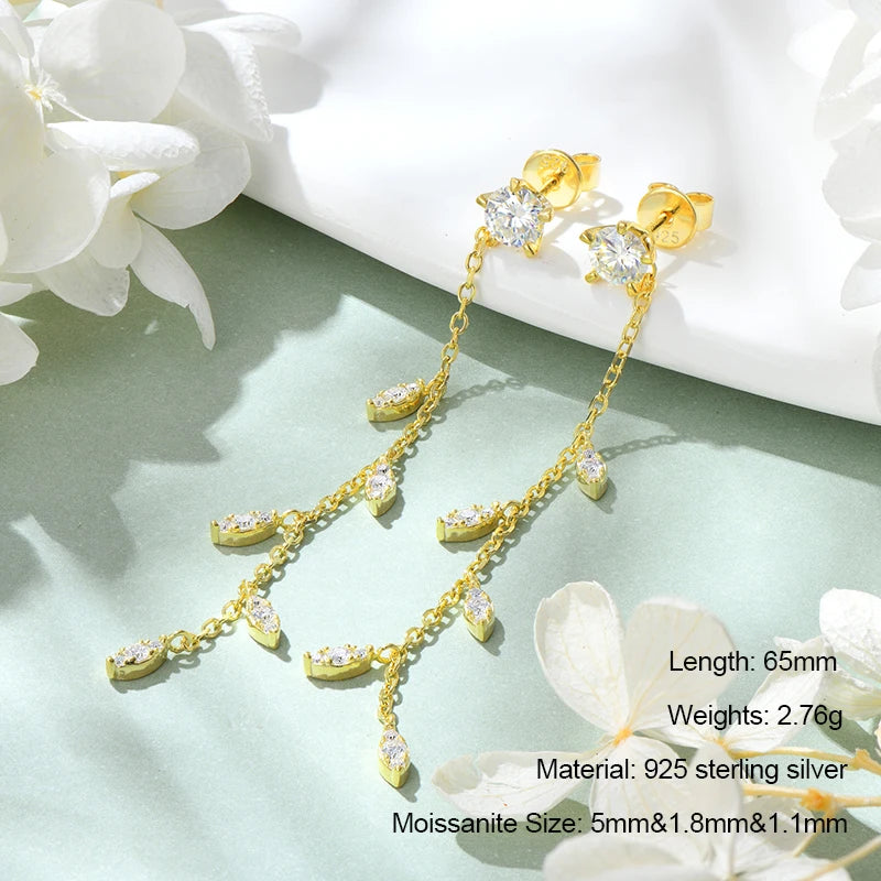 Long Tassel Star Moissanite Pendant Earrings for Women S925 Silver Chain Dangle Drop Earrings Studs GRA Certified Jewelry