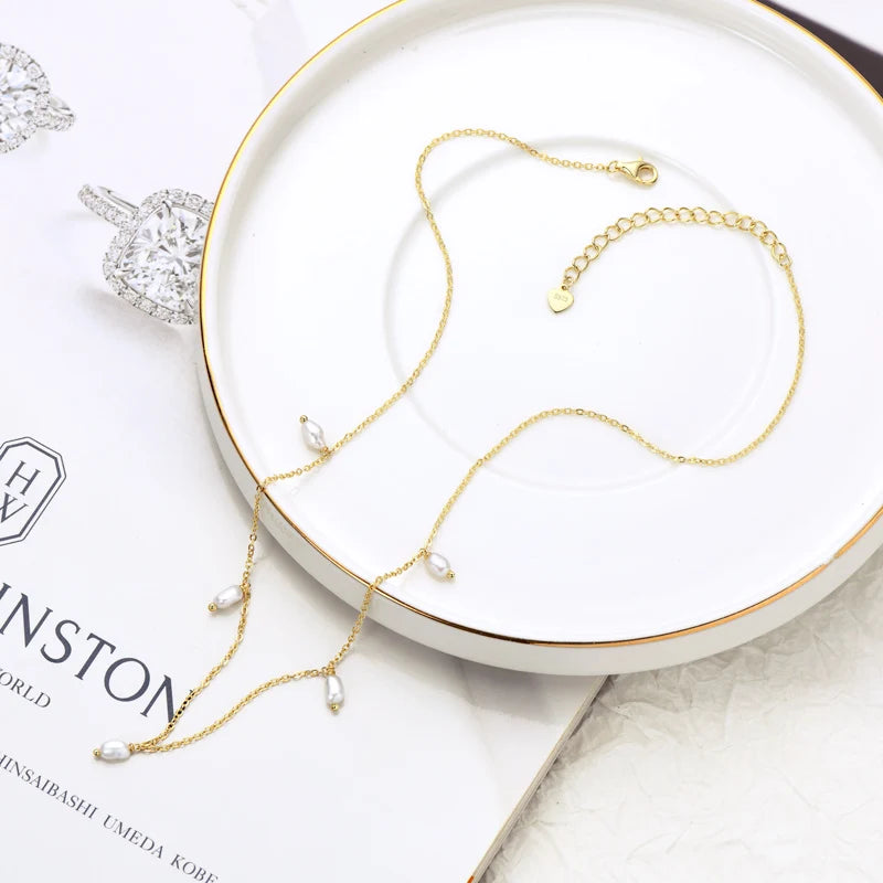 Luxury Natural Freshwater Baroque Pearl Chain Necklace 925 Sterling Silver 14K Gold Plated 3-4mm Bead Sweet Women Jewelry Gifts