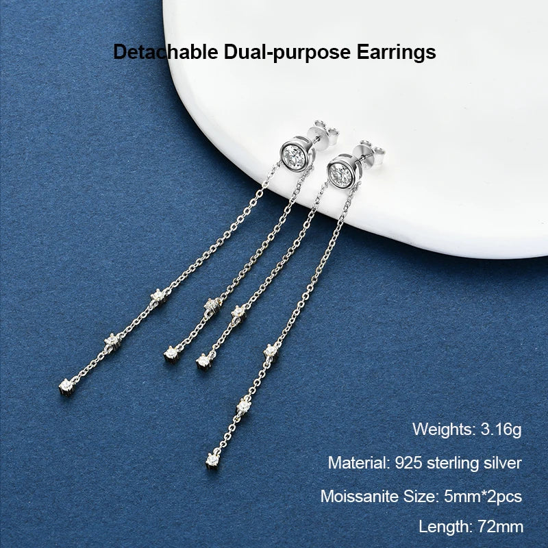 Long Tassel Star Moissanite Pendant Earrings for Women S925 Silver Chain Dangle Drop Earrings Studs GRA Certified Jewelry