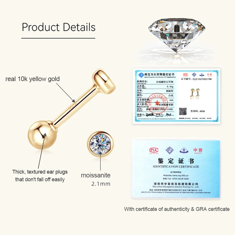 10K Real Gold 2.1mm D Moissanite Studs Mini Earrings Yellow Gold Simple Wedding Jewelry for Women Men Couple Bezel Lab Diamond