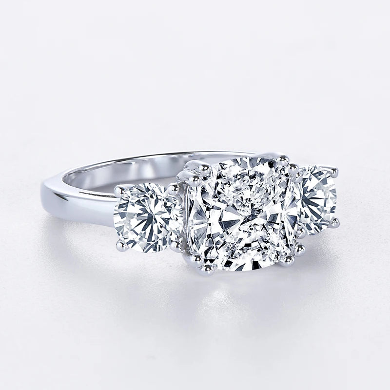 3.5CT Three Stone Engagement Ring Band 925 Silver Sterling Cushion Cut Moissanite Wedding Ring Certified Jewelry For Women