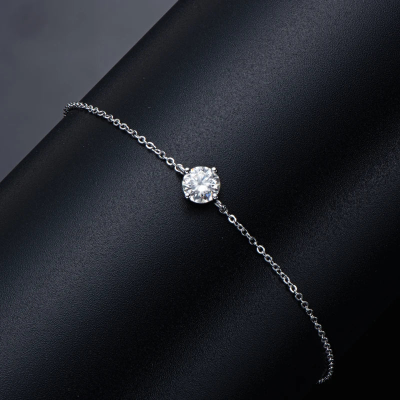 Solitaire 1CT 6.5mm D Color Moissanite 925 Silver Chain Bracelet Hand Jewelry for Women Adjustable Bracelet Christmas Gift