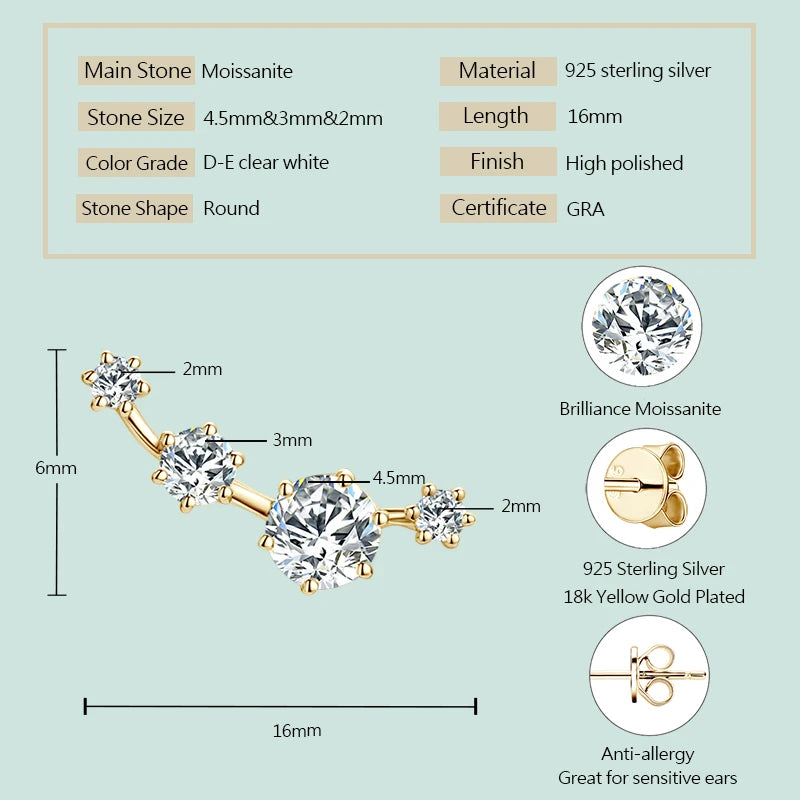 18K Gold Plated 925 Silver D0.56CT Round VVS1 Moissanite Curved Stud Earrings Piercing for Women Men Gift 2024 New Jewel