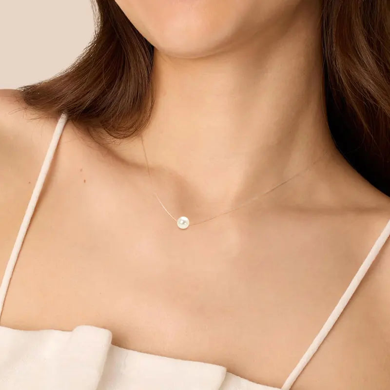 Solitaire 8-9mm Natural Cultured Freshwater Pearl Pendant Necklace for Women 925 Silver Invisible Fishing Line Chain Adjustable