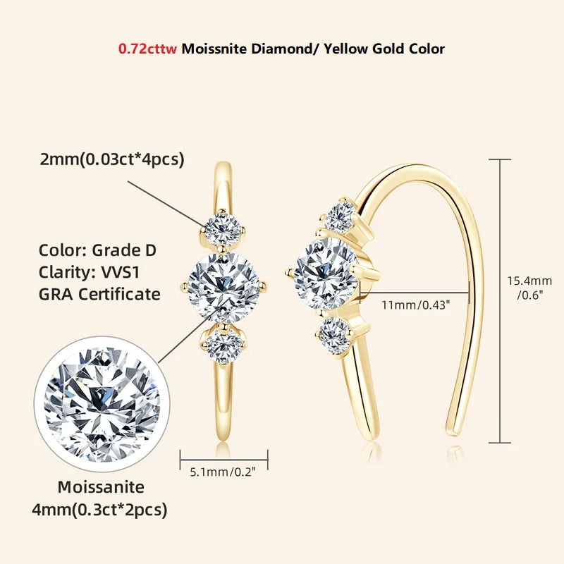 U shaped 3 Stone D0.72CT Moissanite Earrings Silver 925 Piercing Open Hoop Earrings for Women Certified Wedding Jewelry