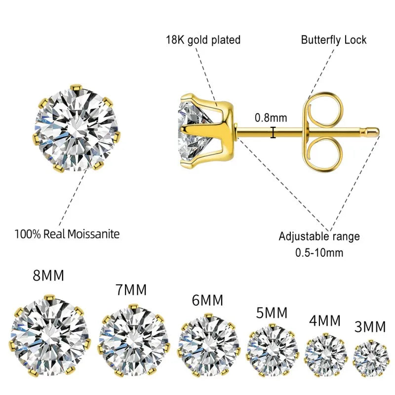 Stud Earrings for Men Women Real D Color Moissanite 3mm-9mm Multiple Sizes Earring 925 Silver Jewelry Girls Gift Certified
