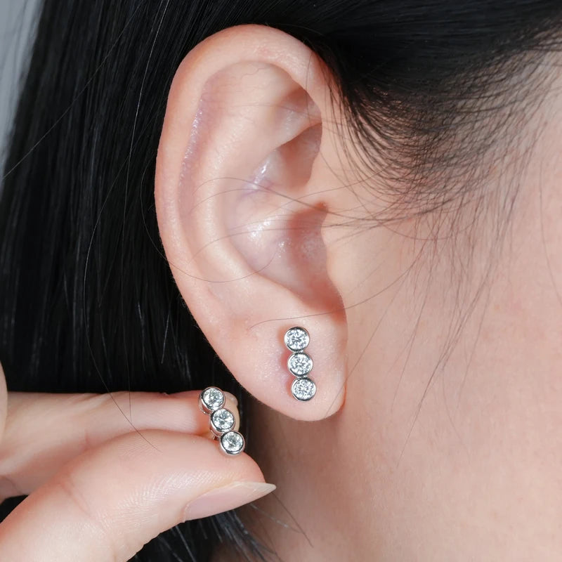 Three Stone Moissanite Earrings Studs for Women 925 Sterling Silver Earrings Trendy Bezel Setting Jewelry Valentine's Gift