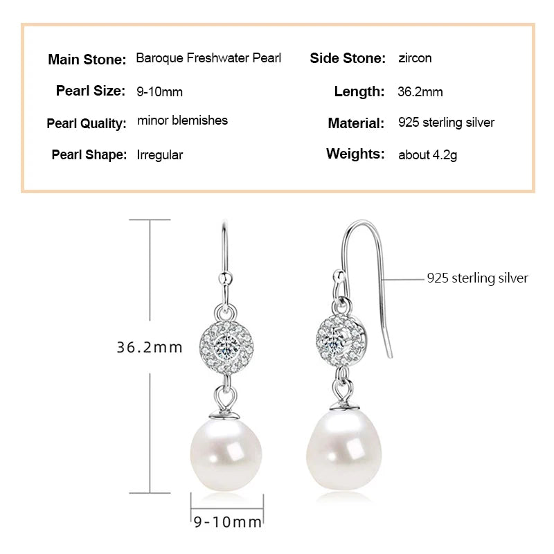 100% 925 Sterling Silver 9-10mm Baroque Freshwater Pearl Hook Earrings Wedding Engagement Fine Jewelry for Women Gifts