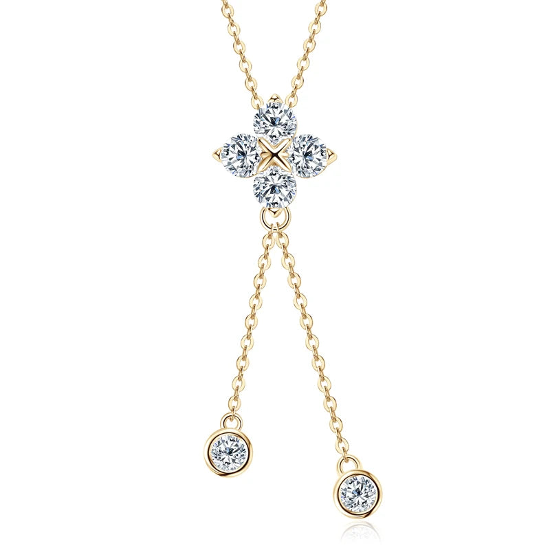 D1.40CT Moissanite Four Leaf Clover Pendant Necklace 100% 925 Silver Long Tassel Hanging Necklaces for Woman Charm Jewelry Gift