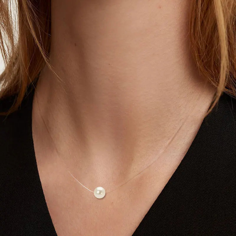 Solitaire 8-9mm Natural Cultured Freshwater Pearl Pendant Necklace for Women 925 Silver Invisible Fishing Line Chain Adjustable