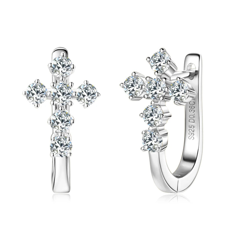 Cross Hoop Earrings 925 Silver 2.5mm Moissanite Huggie Earrings for Women Men Certified Faith Charm Jewelry Wedding Party Gift