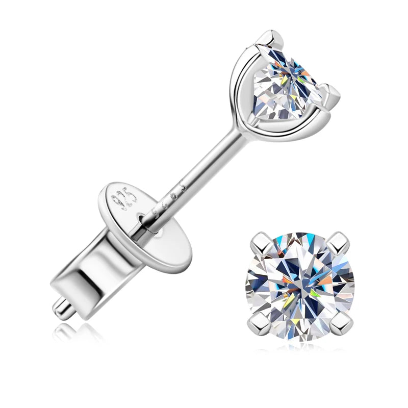 2.0ct Four-Claw Solitaire Moissanite Stud Earrings 0.5-1.0ct 925 Sterling Silver White Gold Earring for Women Jewelry Gift