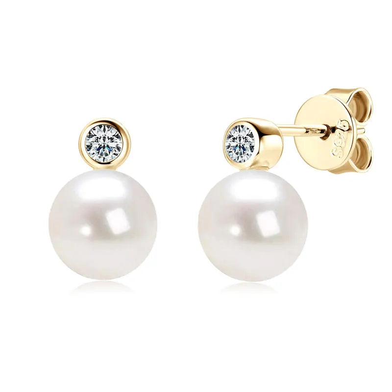 925 Sterling Silver Earrings 7-8mm Natural Freshwater Pearl Stud Earrings with 2.5mm Cubic Zirconia Jewelry for Women Gift