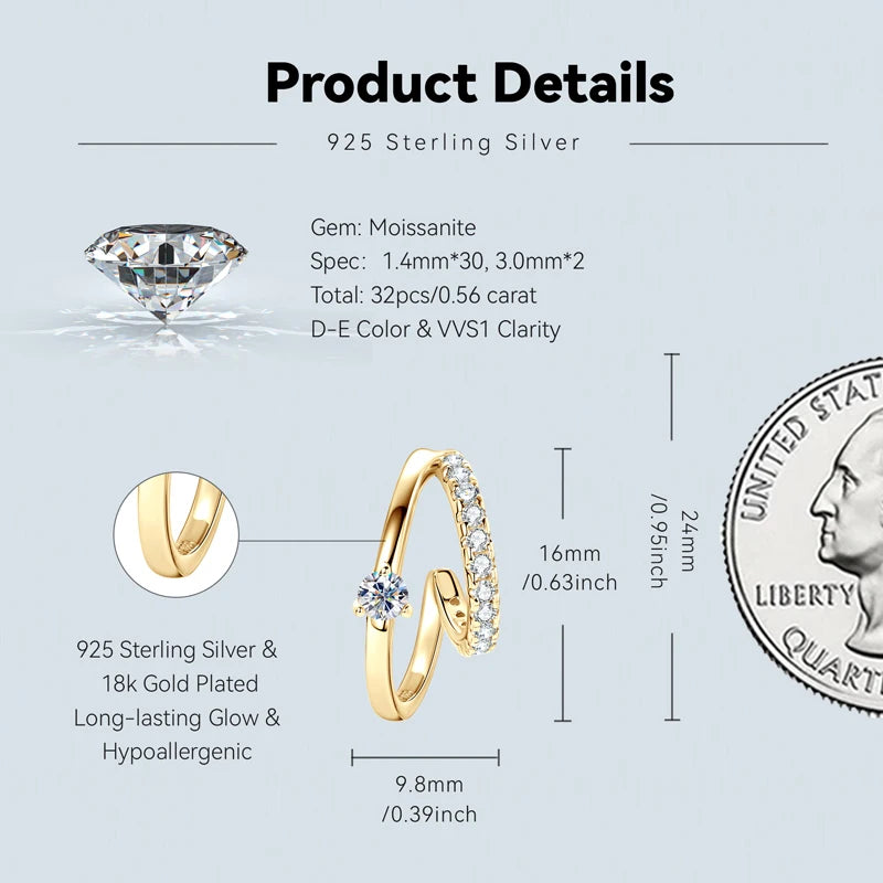 Real 3mm D Color Moissanite Earrings Cuff Double Half Hoop Studs 925 Silver for Women OL GRA Certified Jewelry Gift 2024 Fashion