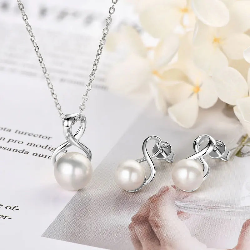 925 Silver Pearl Jewelry Set Natural Freshwater Pearl Bread-shaped Infinity Pendant Necklace Earrings Sets for Women Gifts