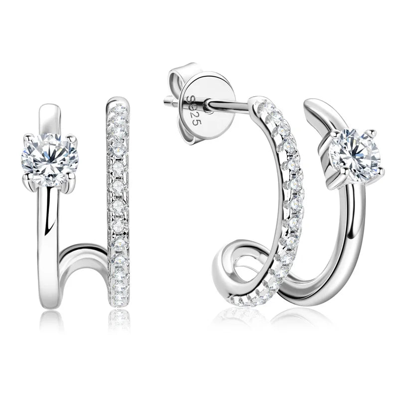 NEW 4mm Moissanite Piercing Stud Ear Cuffs 925 Sterling Silver Double Side Hoop Earrings for Women Illusion Jewelry Gifts