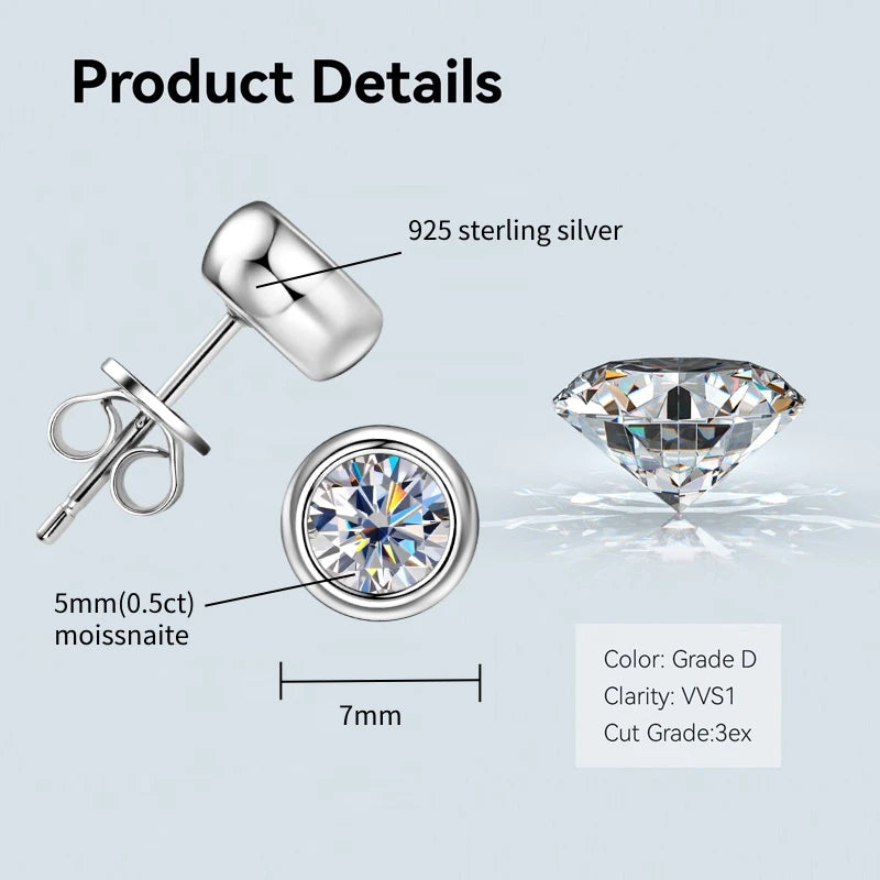 Bezel 5mm 6.5mm 1CT D Color Moissanite Earrings 925 Sterling Silver Plated K Gold Earrings for Men Women Gift Valentine's