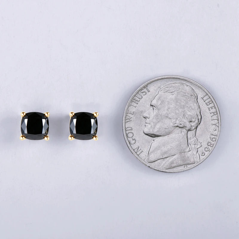 6x6MM 1.0CT Cushion Cut Black Moissanite Stud Earrings for Men Women 925 Sterling Silver Gold Plated Earring Jewelry Gift
