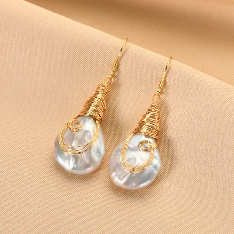 Natural Large Baroque Pearl Drop Earrings 925 Silver Handmade Wire Wrap Bulb Hook Earrings for Women Wedding Party Jewelry