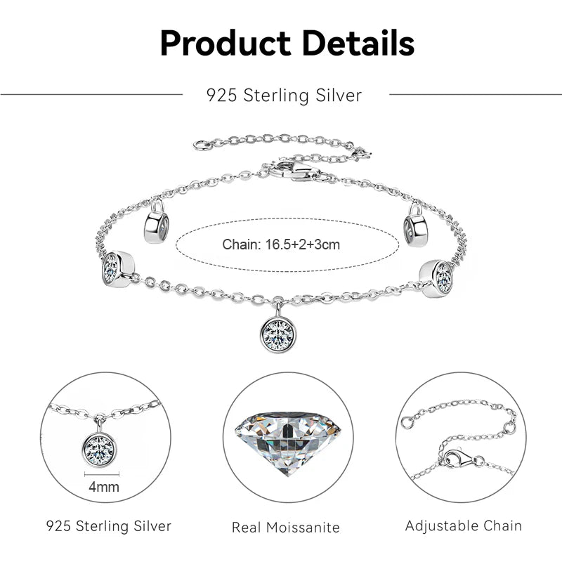 Bezel 4mm Round D Moissanite Bracelet 100% 925 Silver for Women Adjustable Chain 2025 Trendy Daily Wear Hand Jewelry Gift