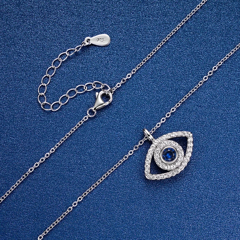 4mm Round Cubic Zirconia Blue Gemstone Evil Eye Pendant Necklace 100% Real 925 Silver for Women Charm Fine Jewelry 45+5cm
