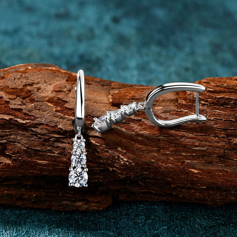 Three Stone Trilogy Clip Earrings 925 Sterling Silver 1.8CTW. Moissanite Pendant Earrings for Women Wedding Jewelry Gifts