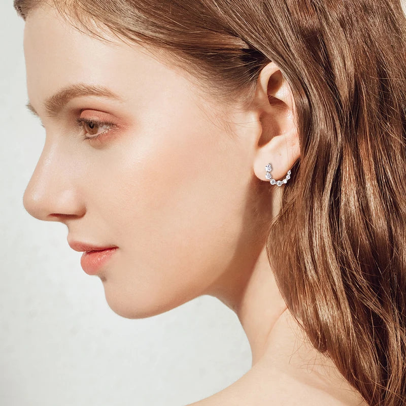 100% 925 Silver C-Shape Tapering Earrings D Color Moissanite Piercing Stud Earrings for Women Jewelry with GRA Certificate