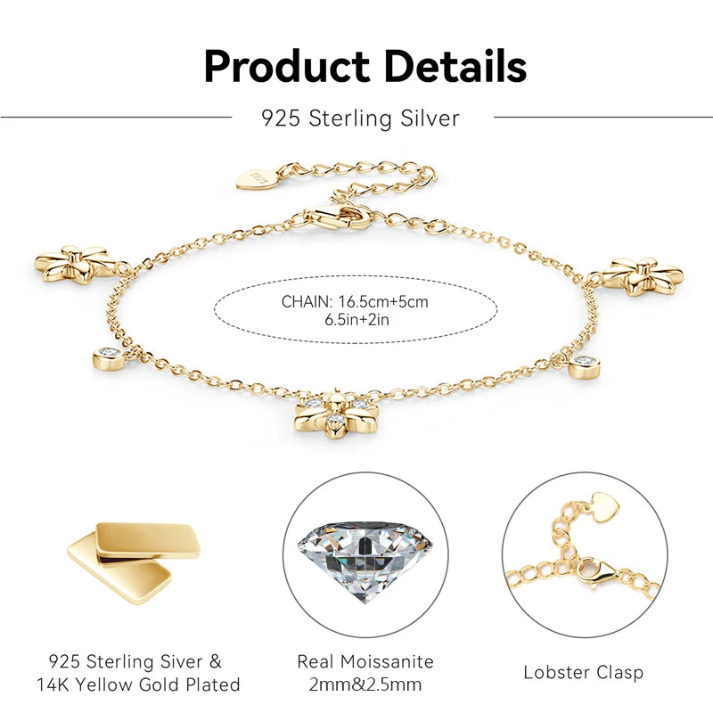 2024 Trendy Moissanite Flower Bracelet Real 925 Silver 18k Gold Plated Adjustable Chain Bracelet for Women Wedding Jewelry