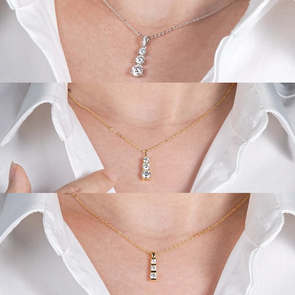 Real Certified Gradual Three Stone Moissanite Pendant Necklace 100% 925 Silver for Women Luxury Wedding Anniversary Jewelry Gift