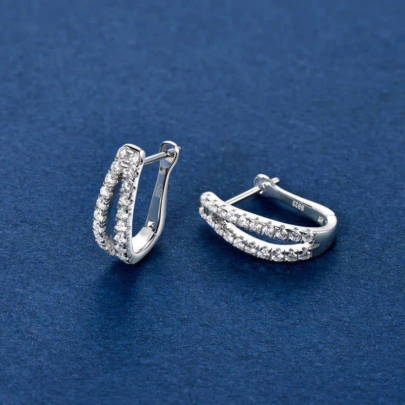 925 Sterling Silver Pavé Moissanite U Shape Hoop Earrings Round Cut 1.5mm(0.015ct*40pcs) Double Row Earring for Girl Women
