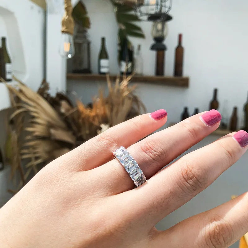 925 Sterling Silver Emerald Cut Eternity Engagement Ring Simulated Diamond Wedding Silver Full Eternity Ring Jewelry