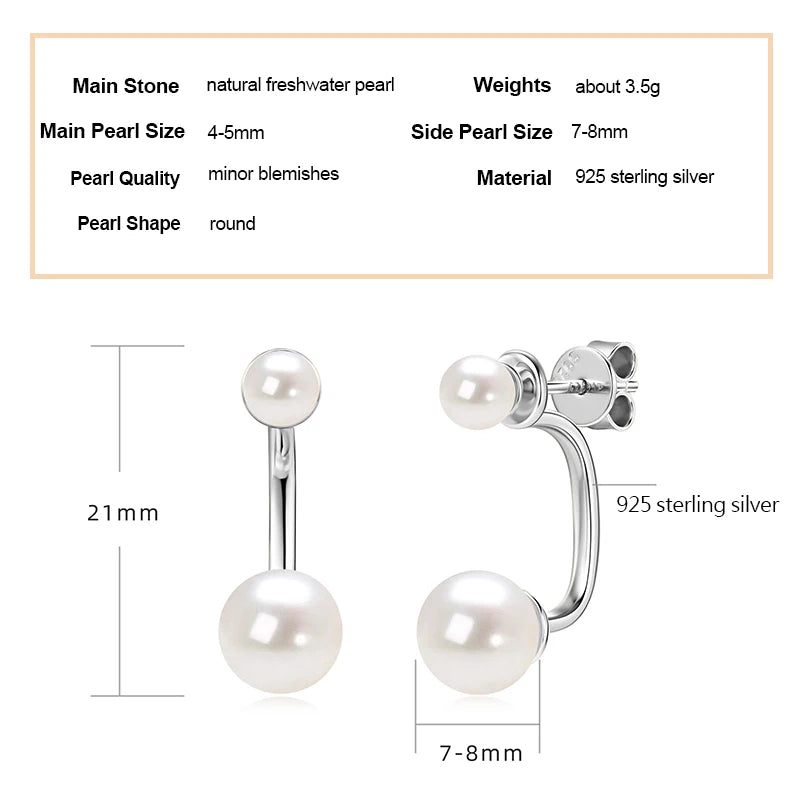 925 Sterling Silver Jacket Earrings Round Natural Freshwater Pearl Studs Front-back Earrings for Women Fine Jewel Gifts