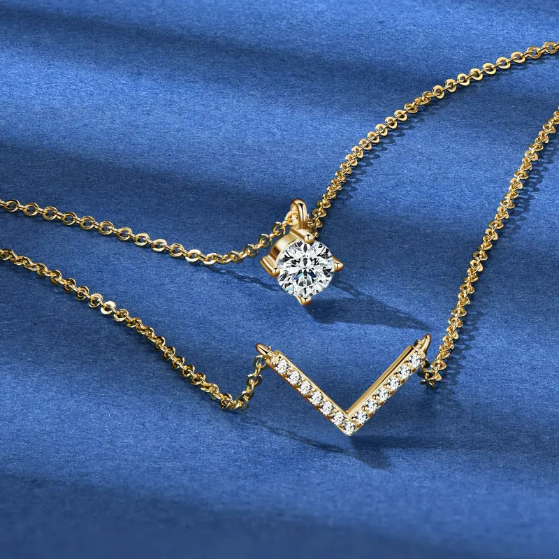 V Letter 5mm Moissanite Pendant Double Layer Necklace for Women 925 Sterling Silver Chain Clavicle 2025 New Jewelry Gifts