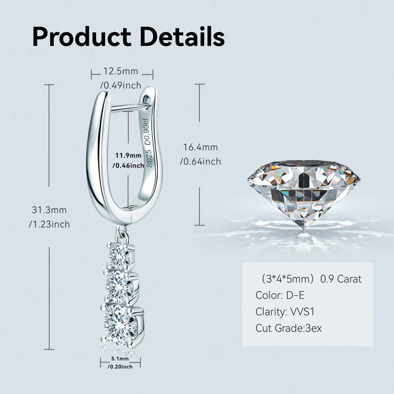 Three Stone Trilogy Clip Earrings 925 Sterling Silver 1.8CTW. Moissanite Pendant Earrings for Women Wedding Jewelry Gifts