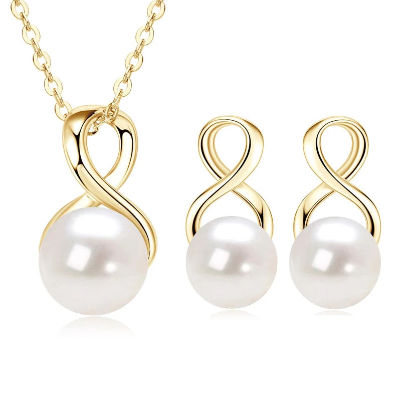 925 Silver Pearl Jewelry Set Natural Freshwater Pearl Bread-shaped Infinity Pendant Necklace Earrings Sets for Women Gifts