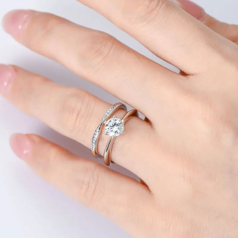 Classic 1.0ct D Moissanite Wedding Engagement Rings for Women 925 Silver Solitaire Bridal Ring Stackable Half Eternity Band Sets