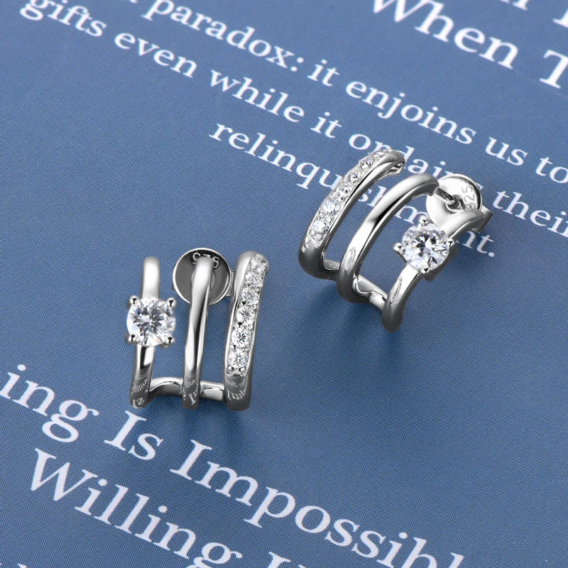 Triple Side Hoops Earrings Half Open Cuff Real 925 Silver Piercing Ear Moissanite Stud Earrings for Women Korean Jewelry