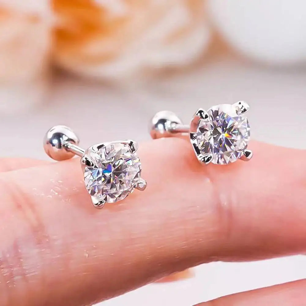 Real 925 Sterling Silver 0.3CT 0.5CT 1.0CT D Color Moissanite 4 Claw Stud Earrings Screw Back Daily Wear Hypoallergenic Jewelry