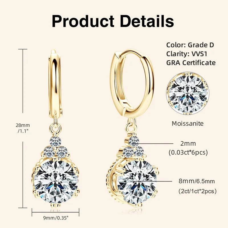 2CT 1CT D Color Moissanite Dangle Drop Earrings for Women 925 Silver Elegant Wedding Engagement Earrings GRA Certificate