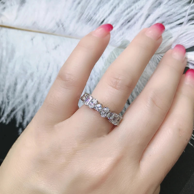 Luxury 925 Sterling Silver Band Rings Women Engagement Simulated Diamond Wedding Silver Bridal Full Eternity Rings