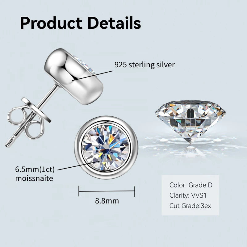 Bezel 5mm 6.5mm 1CT D Color Moissanite Earrings 925 Sterling Silver Plated K Gold Earrings for Men Women Gift Valentine's