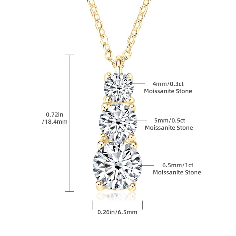 Real Certified Gradual Three Stone Moissanite Pendant Necklace 100% 925 Silver for Women Luxury Wedding Anniversary Jewelry Gift