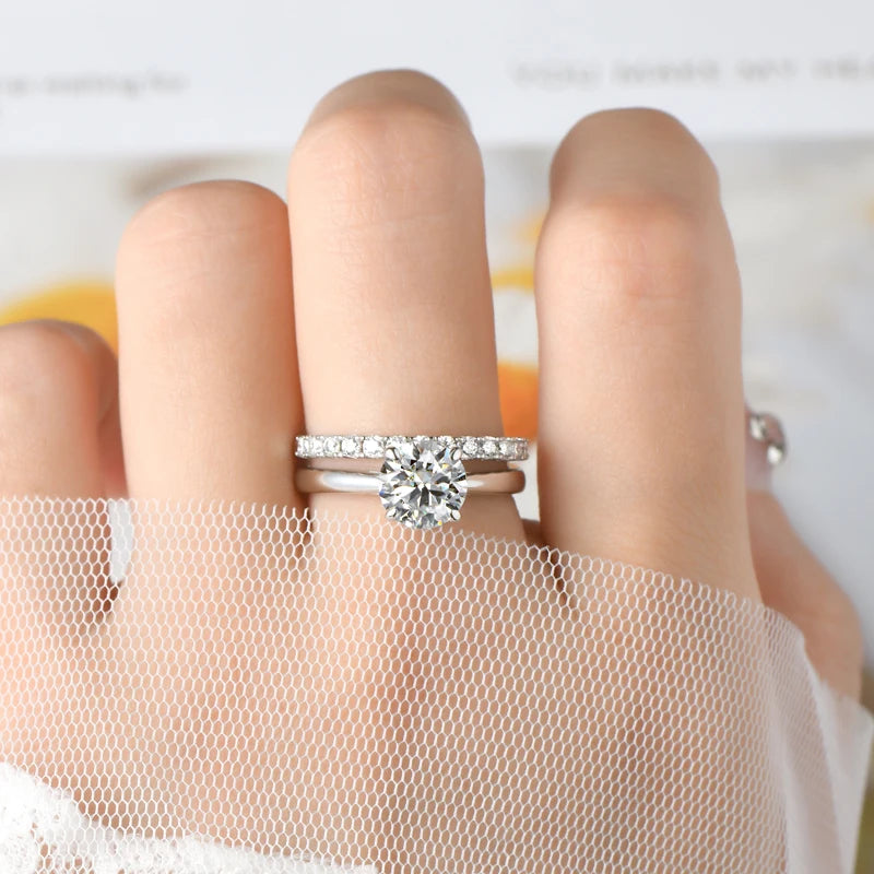 8mm 2.0ct Moissanite Wedding Ring Set Solitaire Diamond Engagement Ring Band for Women Full Eternity Band Girls 925 Silver