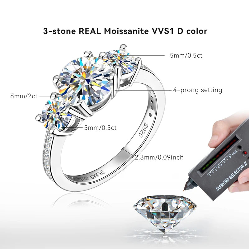 3-stone Real 3.6CT Moissanite Wedding Rings for Women 100% S925 Silver Engagement Promise Band Fine Accessories Jewelry