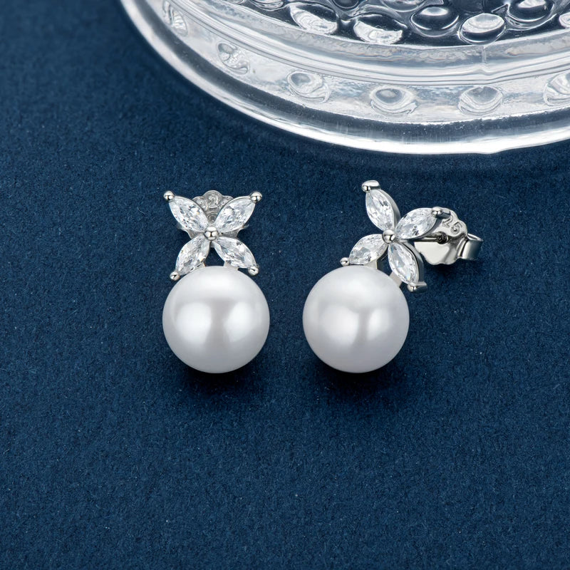 Original 925 Sterling Silver Four-leaf Clover Cubic Zircon With 8mm Bread Bead Pearl Stud Earrings for Women Girls Gift