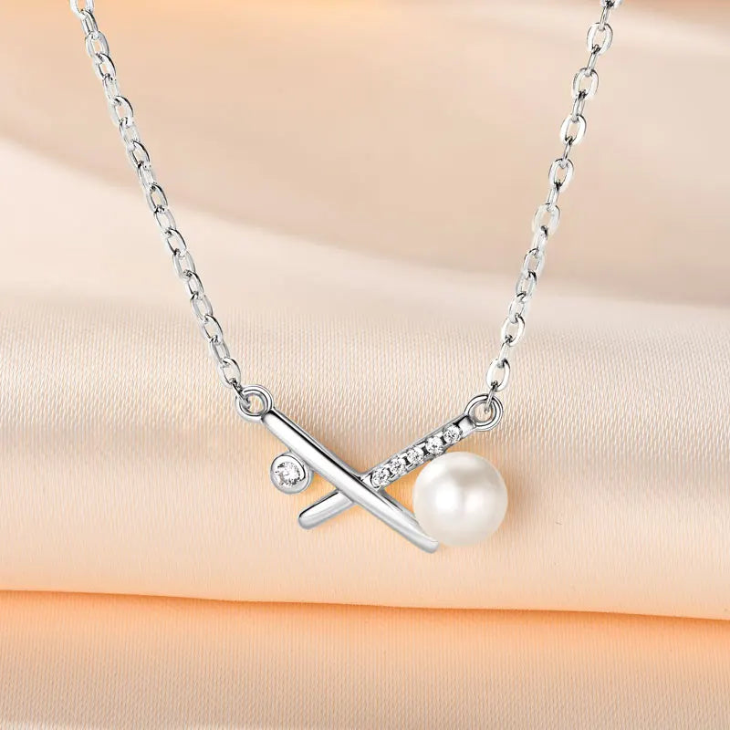 5-5.5mm Natural Freshwater Pearl Pendant Necklace 925 Sterling Silver for Women X Shape Cross Pendants Valentine Gifts