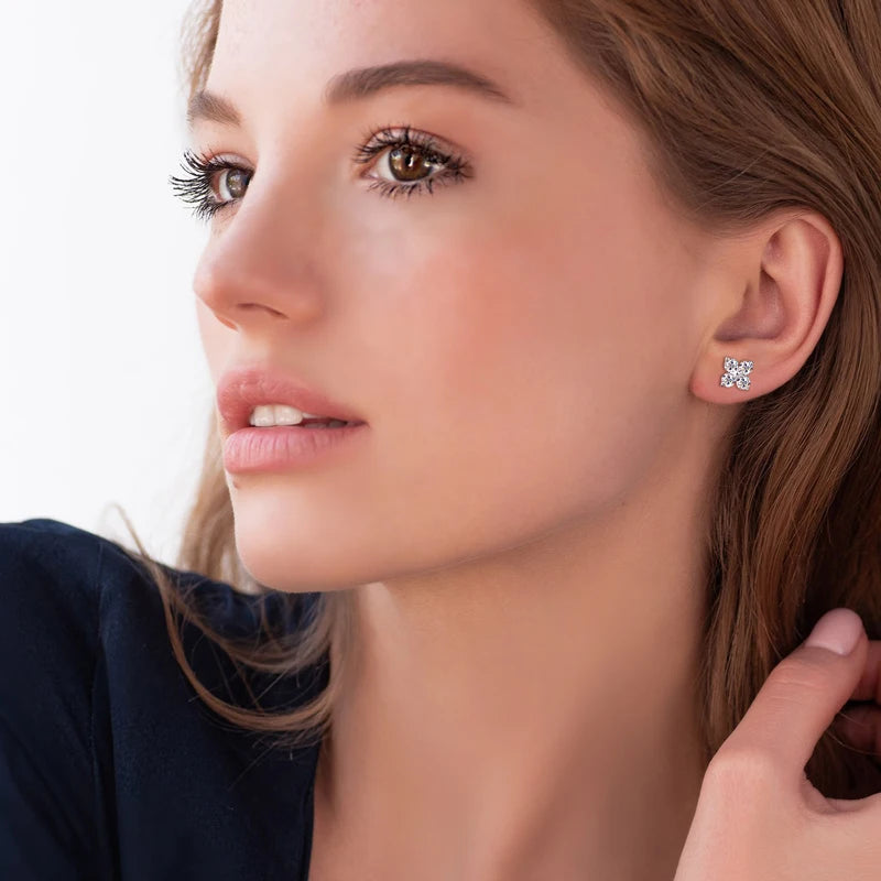 Lucky Four Leaf Clover Moissanite Stud Earrings 925 Sterling Silver Screw-Back Piercing Ear Jewelry for Women Men Gifts