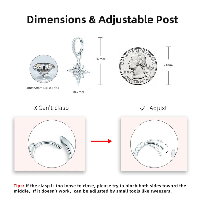 100% 925 Silver Jewelry Charm Guide Star Drop Earrings Moissanite Piercing Hoop Earrings for Women with GRA Certificate