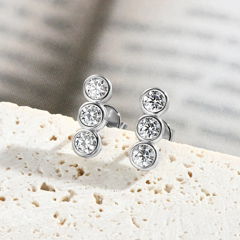Three Stone Moissanite Earrings Studs for Women 925 Sterling Silver Earrings Trendy Bezel Setting Jewelry Valentine's Gift