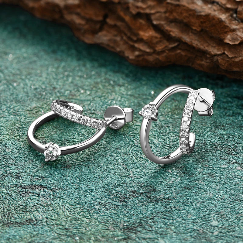 Real 3mm D Color Moissanite Earrings Cuff Double Half Hoop Studs 925 Silver for Women OL GRA Certified Jewelry Gift 2024 Fashion